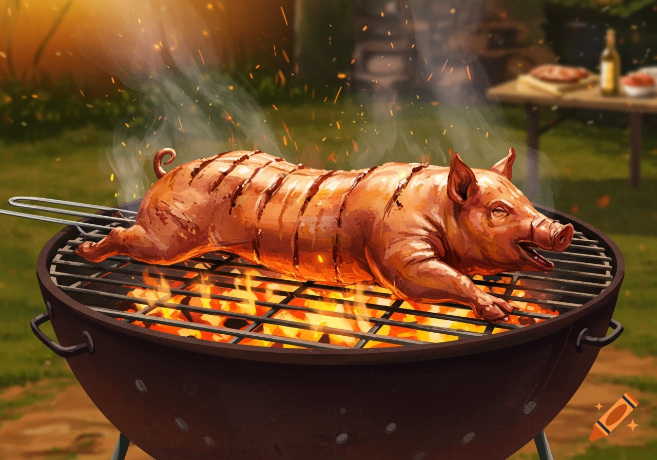 A whole roasted pig cooking on a charcoal grill with smoke and sparks in an outdoor setting.