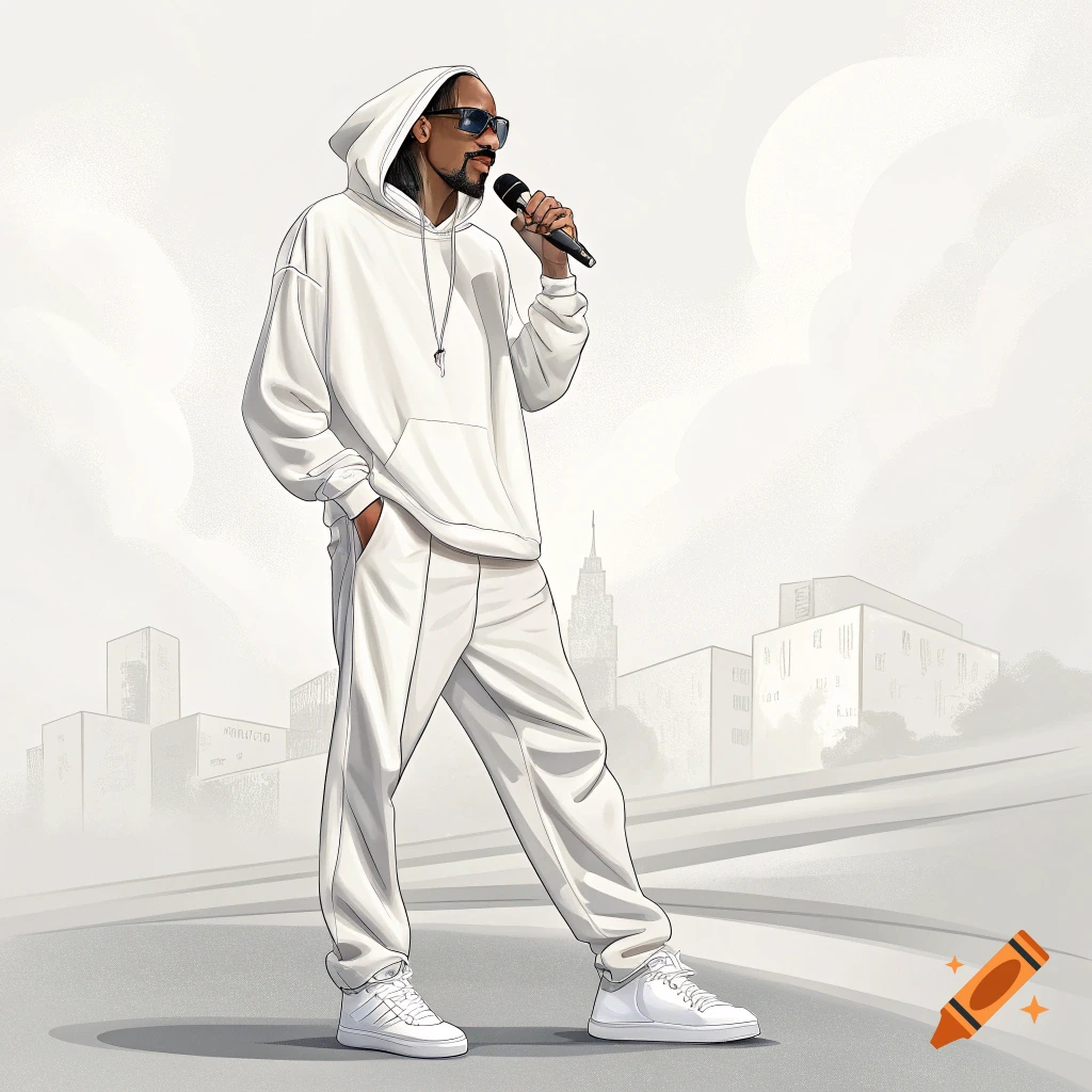Stylized illustration of Snoop Dogg in an all-white tracksuit and sunglasses, holding a microphone in a minimalist urban setting.