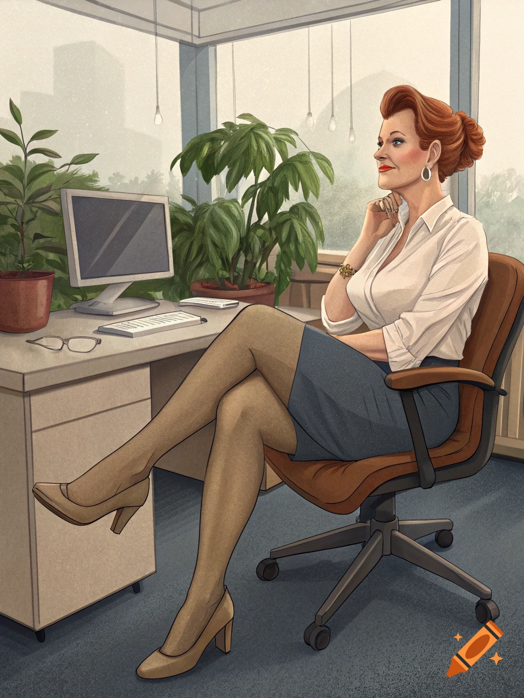 An illustration of a red-haired woman in an office, sitting at a desk with legs crossed, wearing a white shirt and tan stockings.
