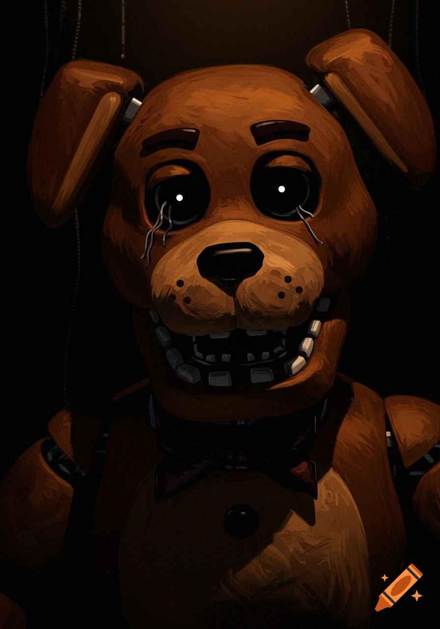 A creepy brown animatronic dog with glowing white eyes and exposed teeth, resembling a character from Five Nights at Freddy's, in a dark setting.