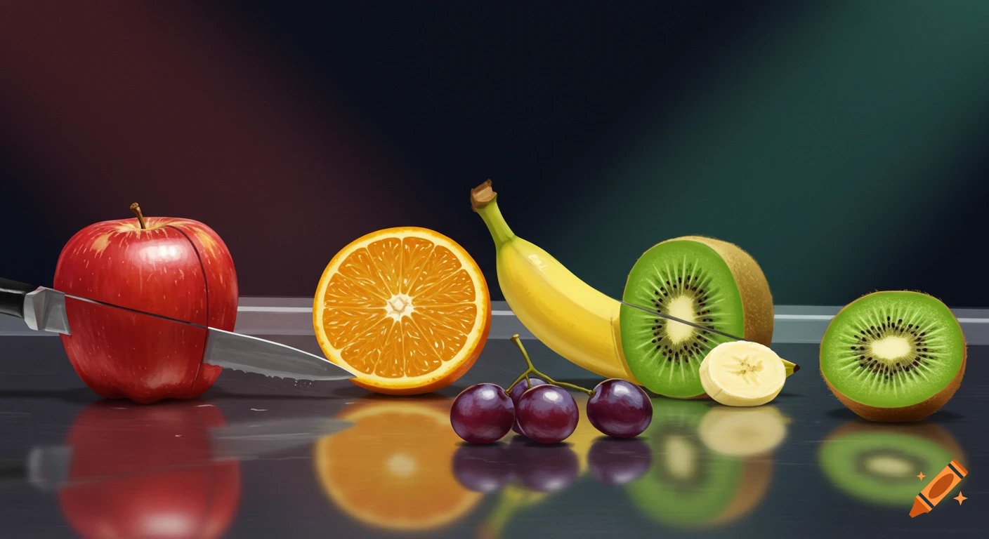 An illustrative still life of an apple being cut, a sliced orange, a banana, a whole and sliced kiwi, and grapes on a reflective surface.