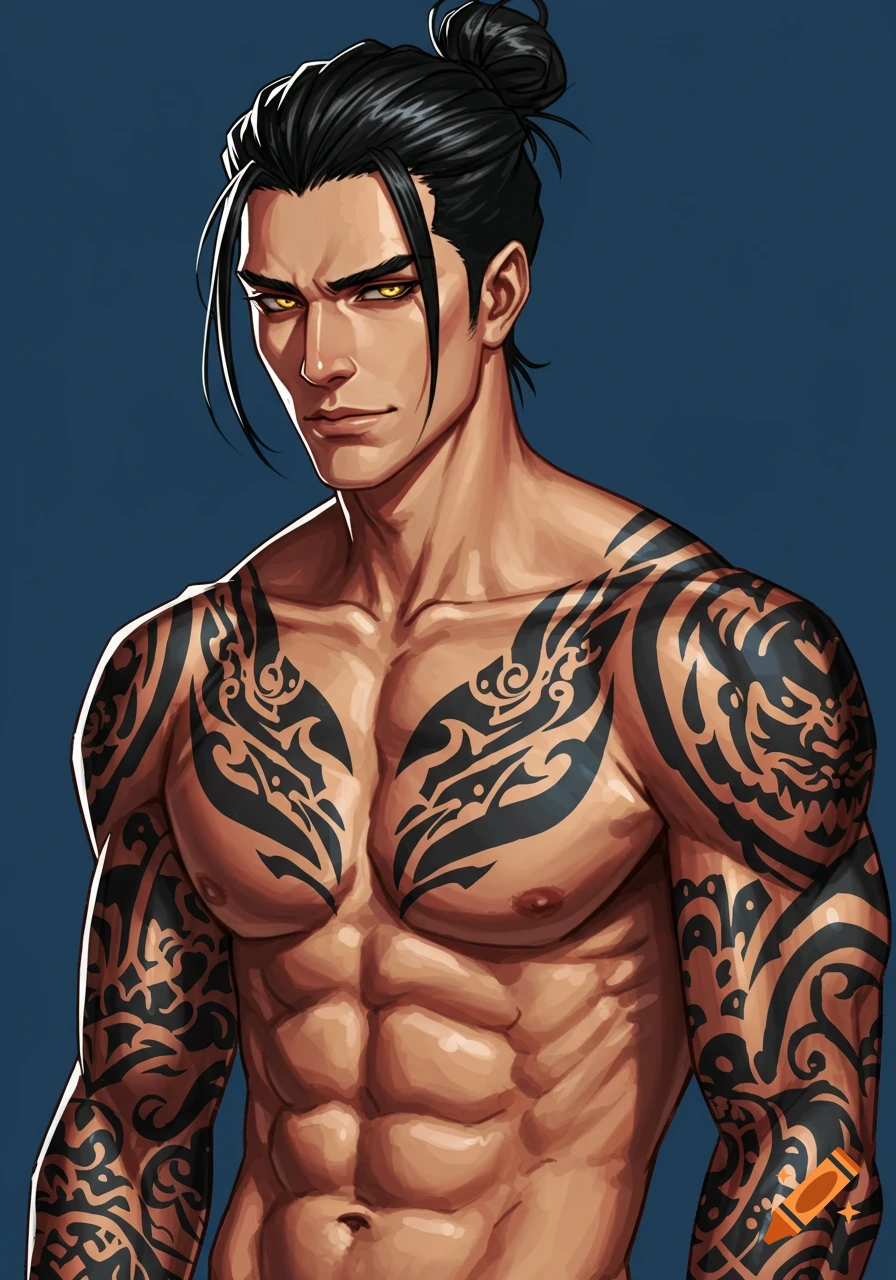Illustrated portrait of a shirtless man with a man bun, yellow eyes, and tribal-style tattoos on his chest and arms.
