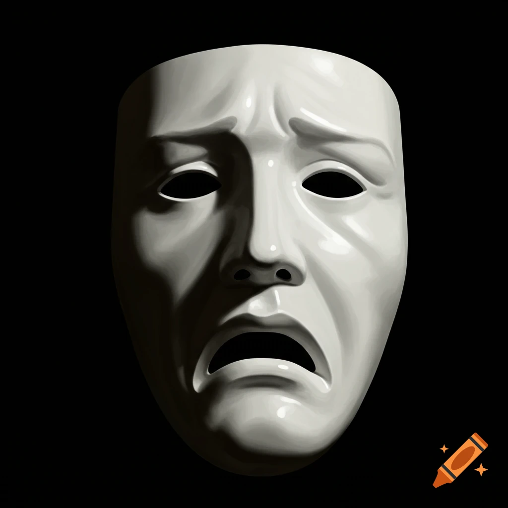 A white tragedy mask, appearing distressed, illuminated by dramatic shadow on a black background.