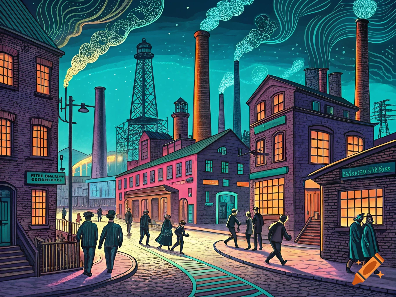 A stylized street scene in neon colors, depicting people walking past industrial buildings with tall chimneys, under a night sky.