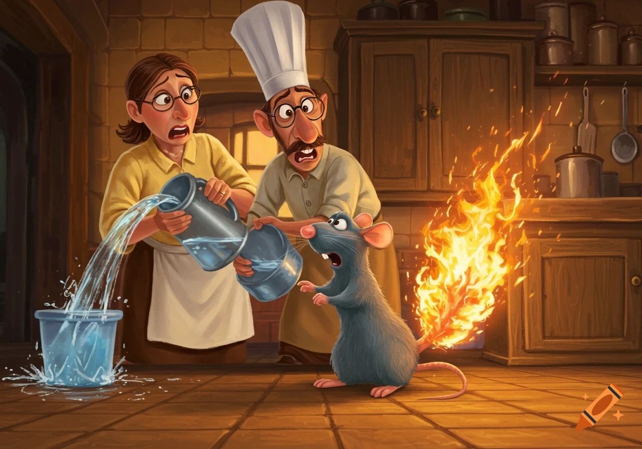 Cartoon scene in a kitchen with a rat whose tail is on fire. A woman and a chef pour water into a bucket, looking panicked.