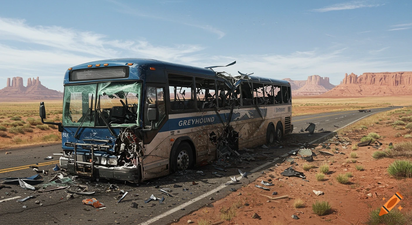 A severely damaged blue and white Greyhound bus wrecked on a desert road with mountains. Photorealistic.