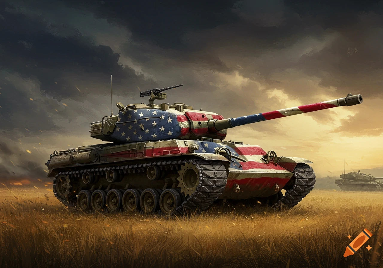 A military tank painted with the American flag sits in a field under a dramatic sky.