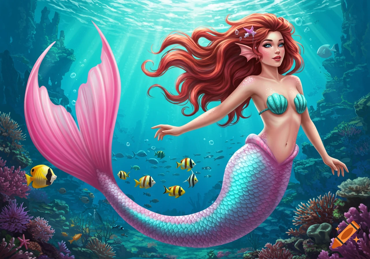 A vibrant red-haired mermaid with a pink and blue scaled tail and shell top swims gracefully underwater amidst coral and fish.