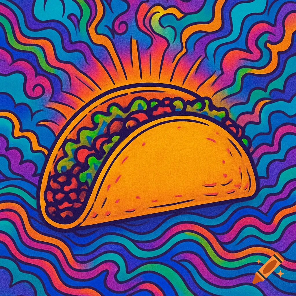 Psychedelic illustration of a taco with colorful wavy patterns in the background, resembling a sunset.