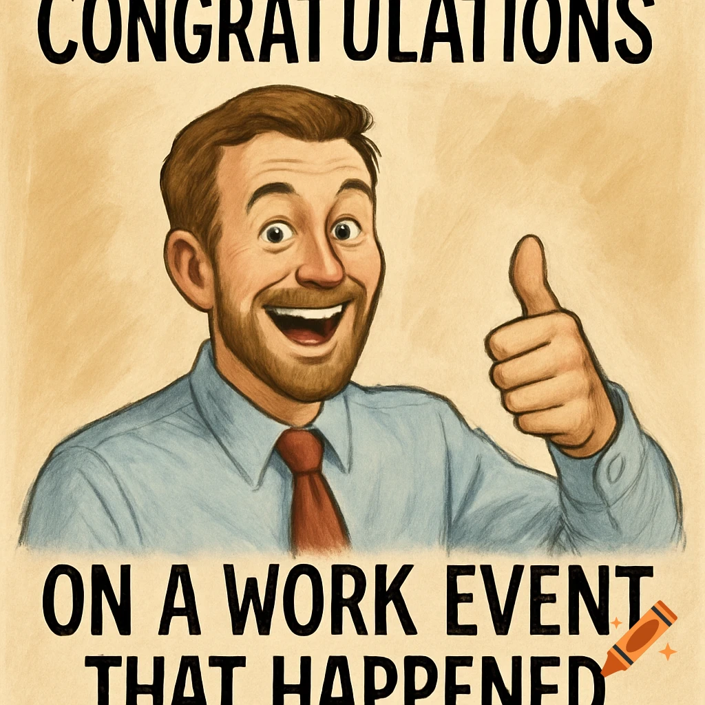 A smiling cartoon man in a shirt and tie gives a thumbs up under the text 'CONGRATULATIONS' and above 'ON A WORK EVENT THAT HAPPENED'.