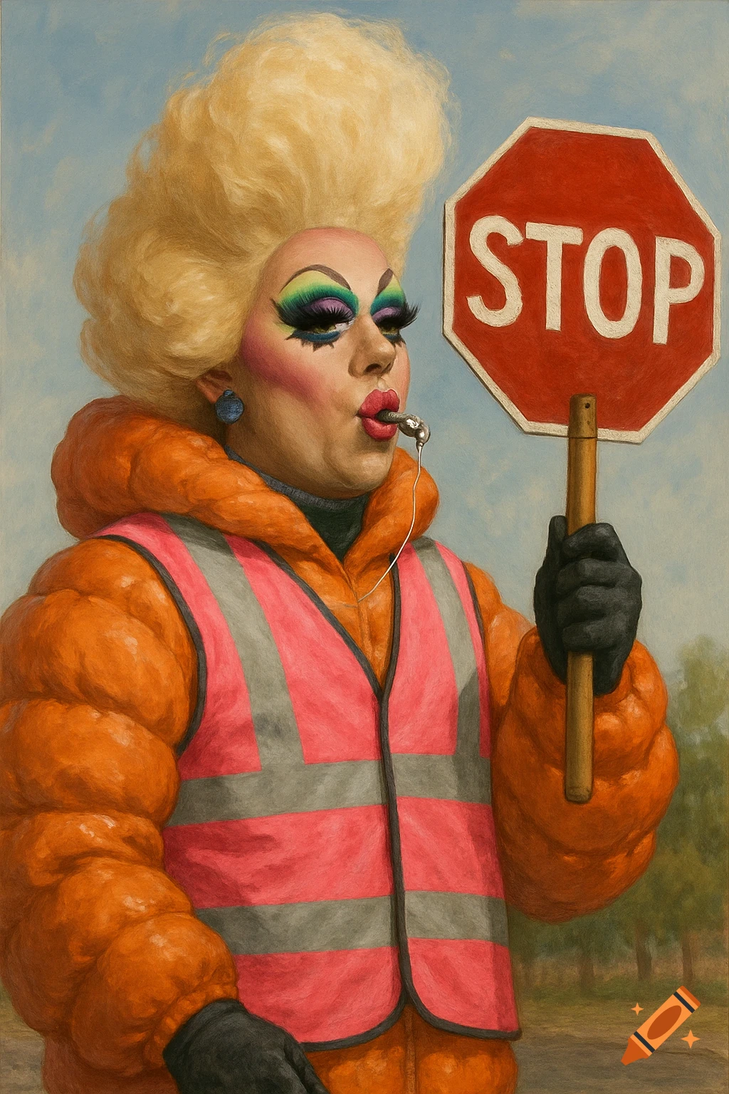 A drag queen in a puffy orange jacket and pink safety vest holds a STOP sign and whistles, rendered in a detailed painting style.