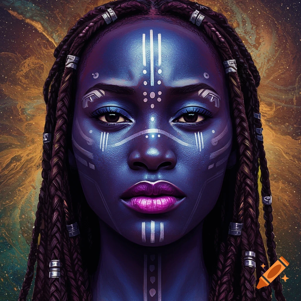 Close-up portrait of a woman with dark blue skin, white tribal markings, and braided hair, against a cosmic background.