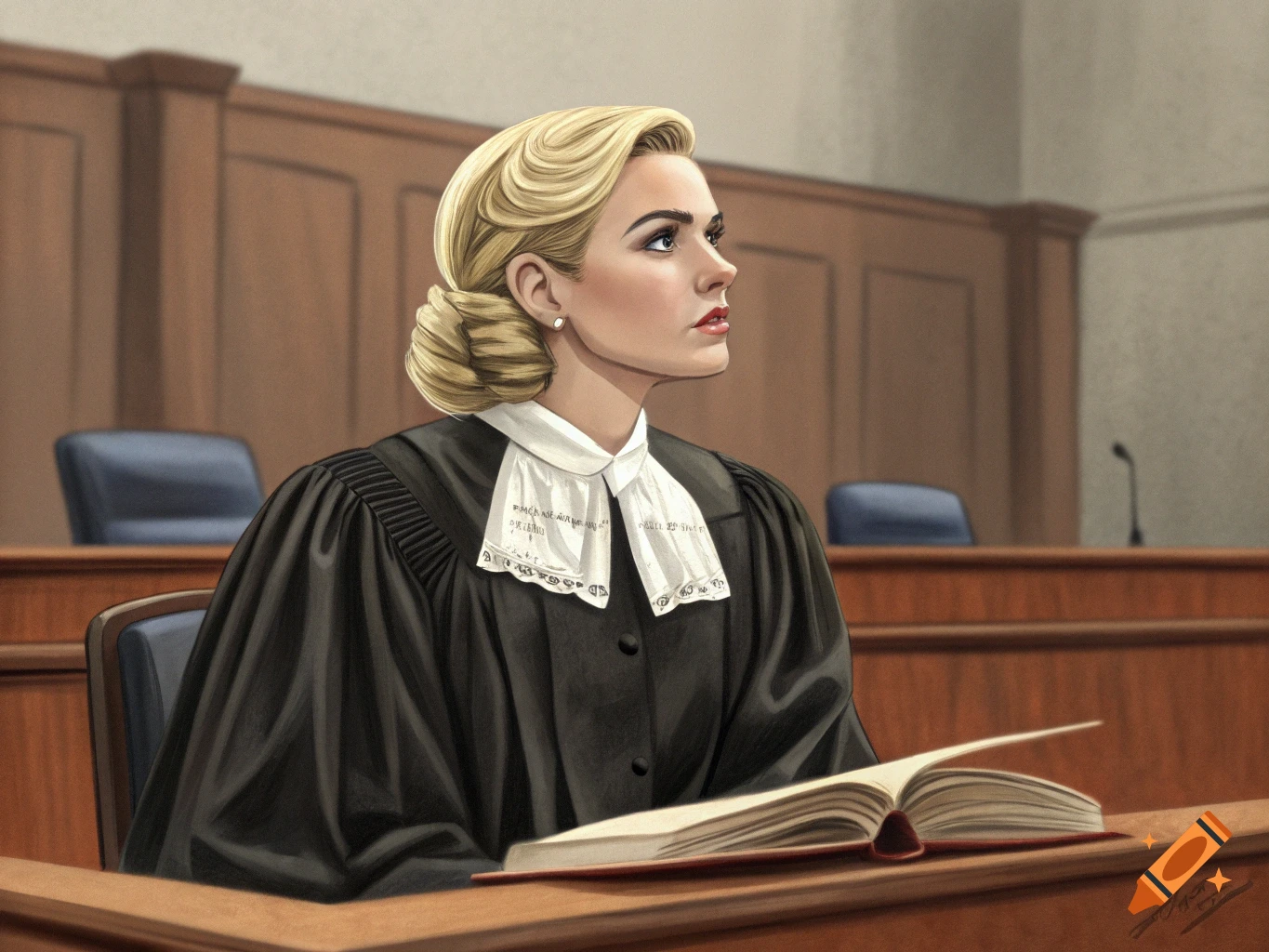 A blonde woman in a black judge's robe with a white jabot sits at a wooden bench in a courtroom, looking up intently. An open book is on the table.