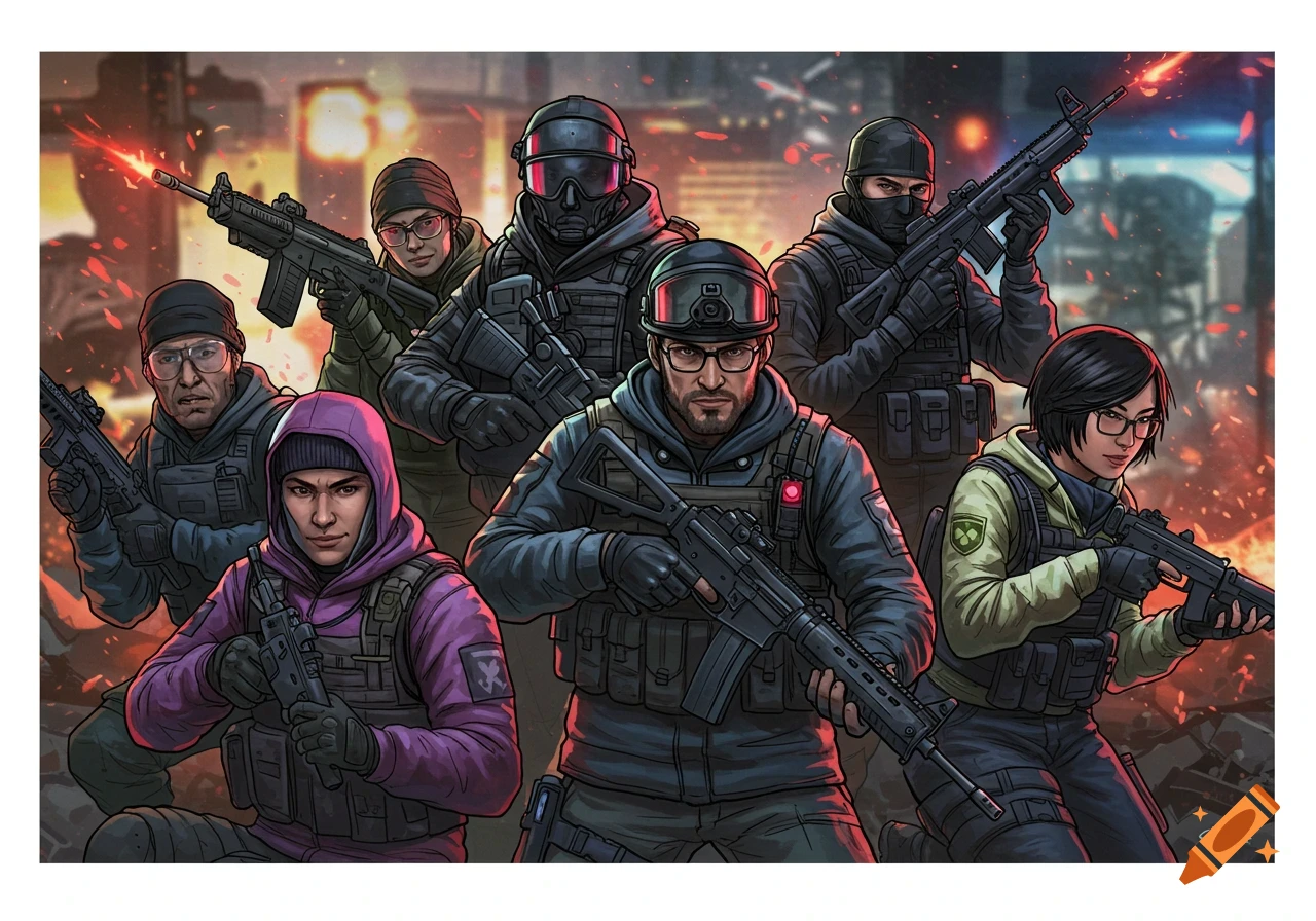 A stylized illustration of seven armed tactical operators, including one woman, in a combat zone with explosions and debris.