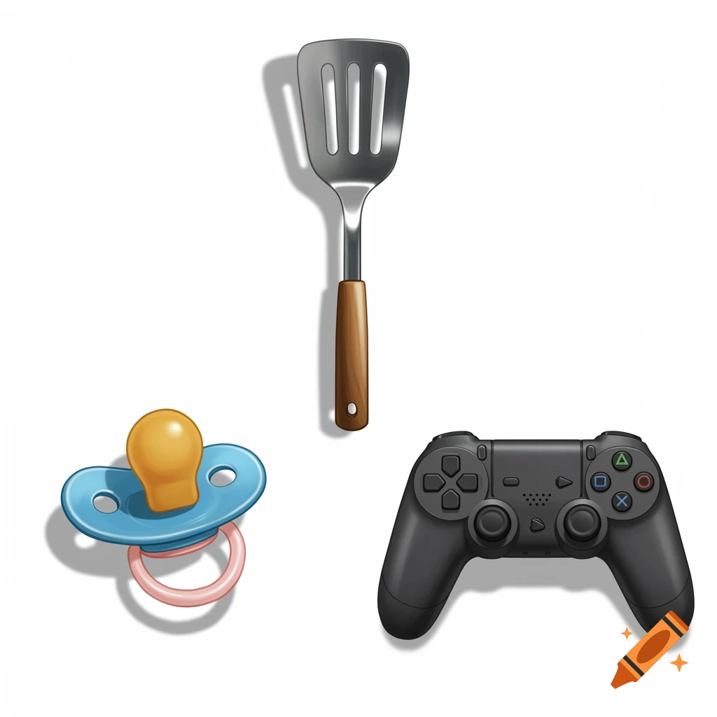 A pacifier, a spatula, and a video gaming controller arranged on a white background with shadows.