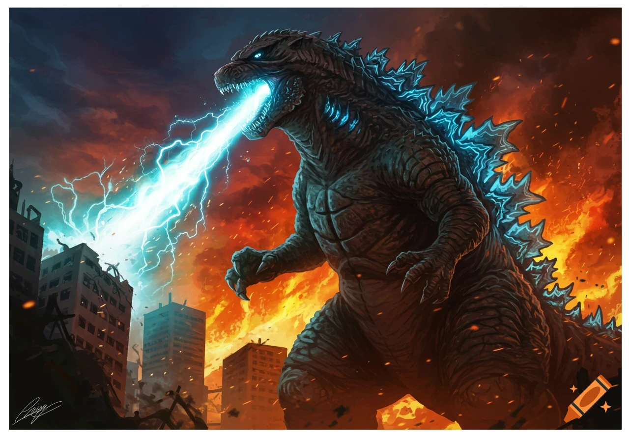 A powerful Godzilla, with glowing blue spines, roars and blasts a bright blue atomic breath, destroying buildings in a burning city.