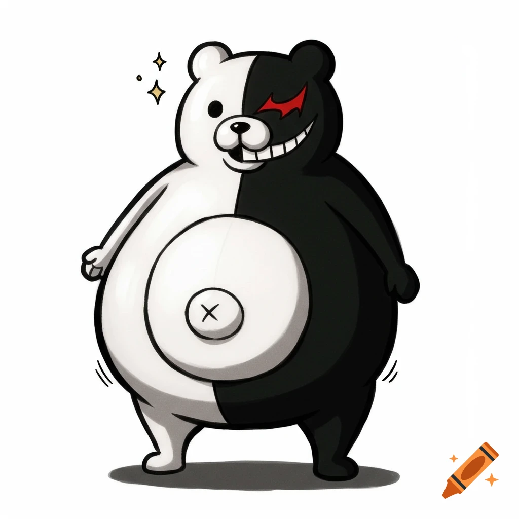 A black and white Monokuma bear from Danganronpa with a bloated belly, in anime style.