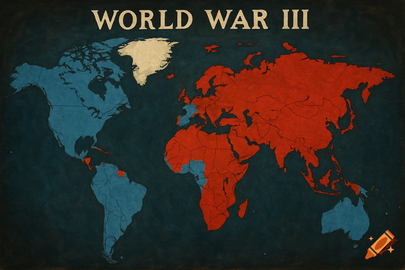 A distressed, vintage-style world map shows landmasses colored red and blue, with Greenland in white, under the title "WORLD WAR III".