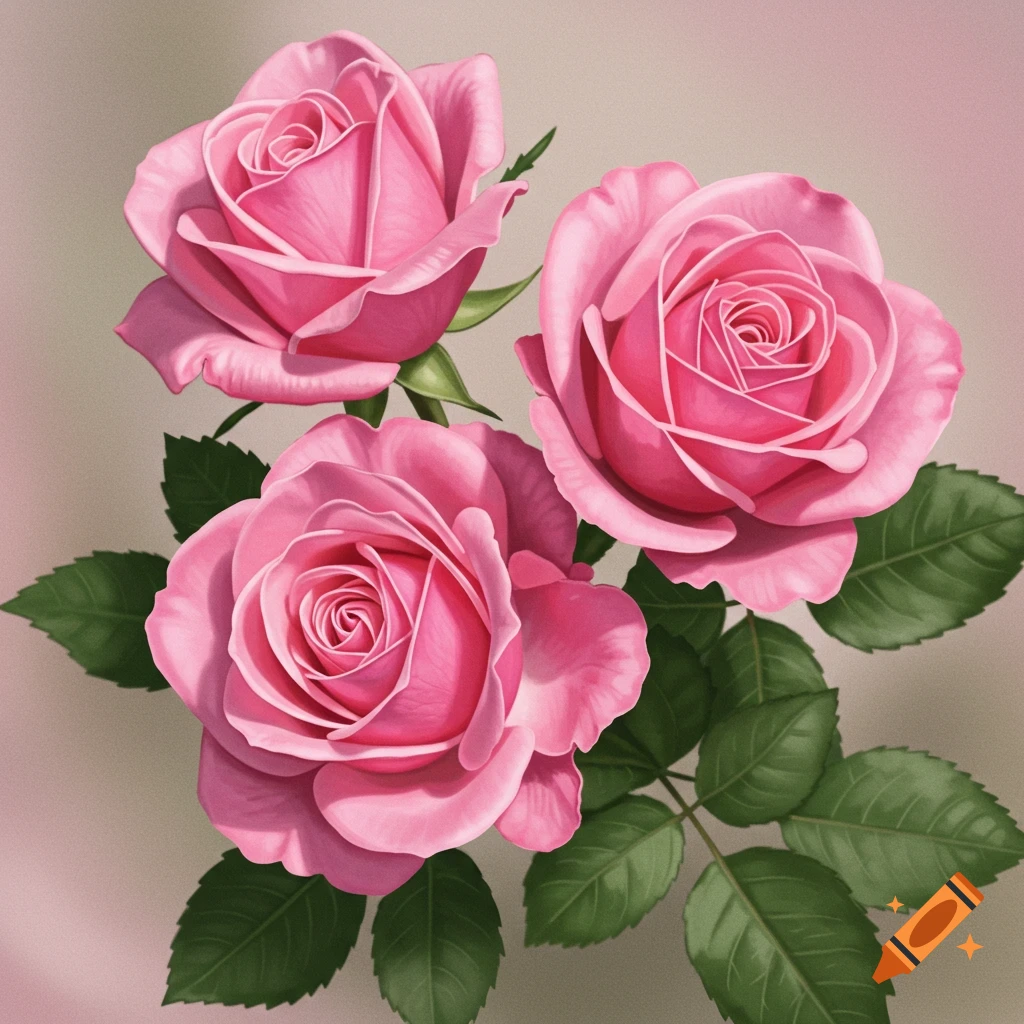 Three vibrant pink roses with green leaves, rendered in a detailed, elegant illustration style.