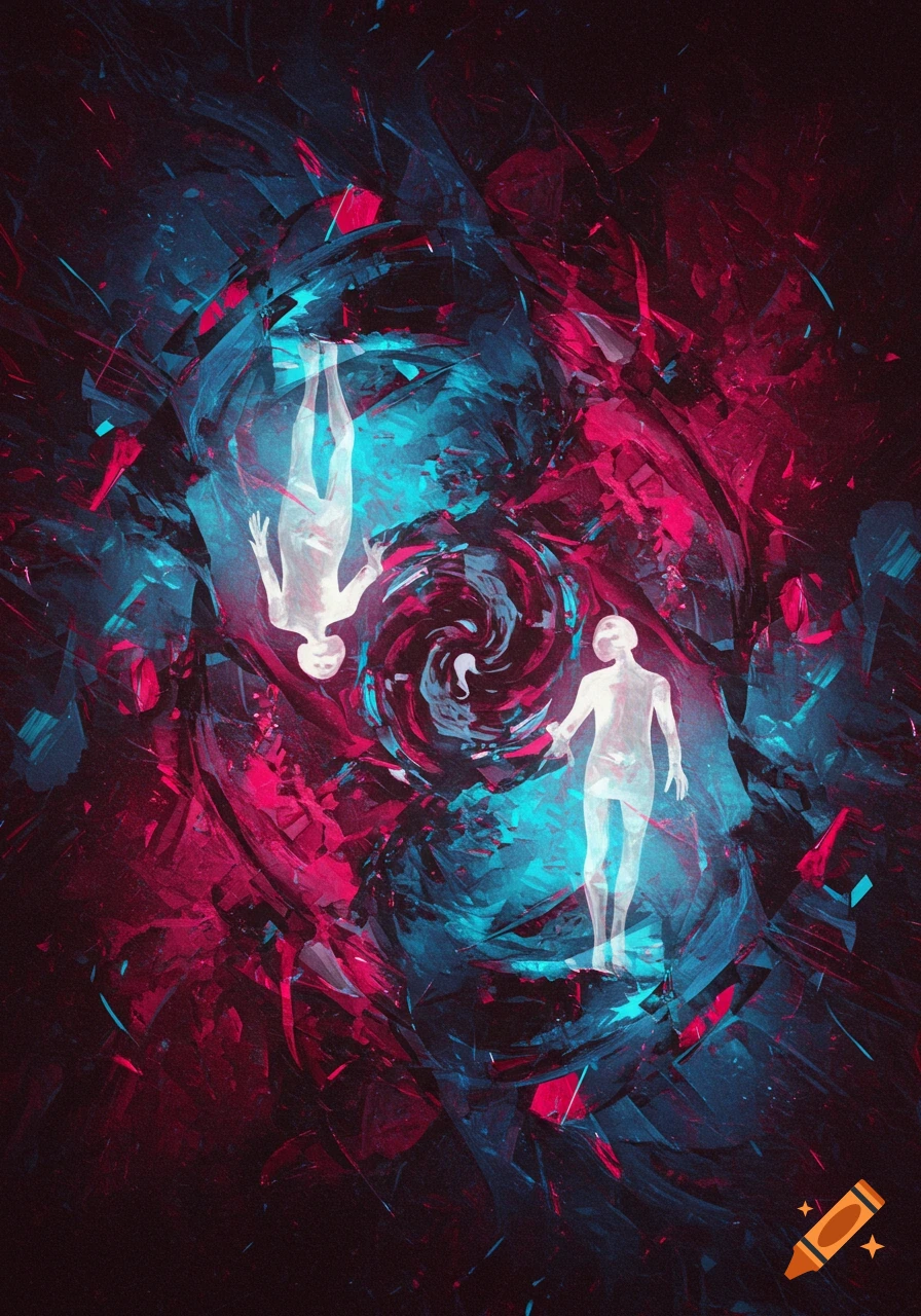 Two stylized, translucent figures against a swirling background of fractured pink and blue abstract shapes.