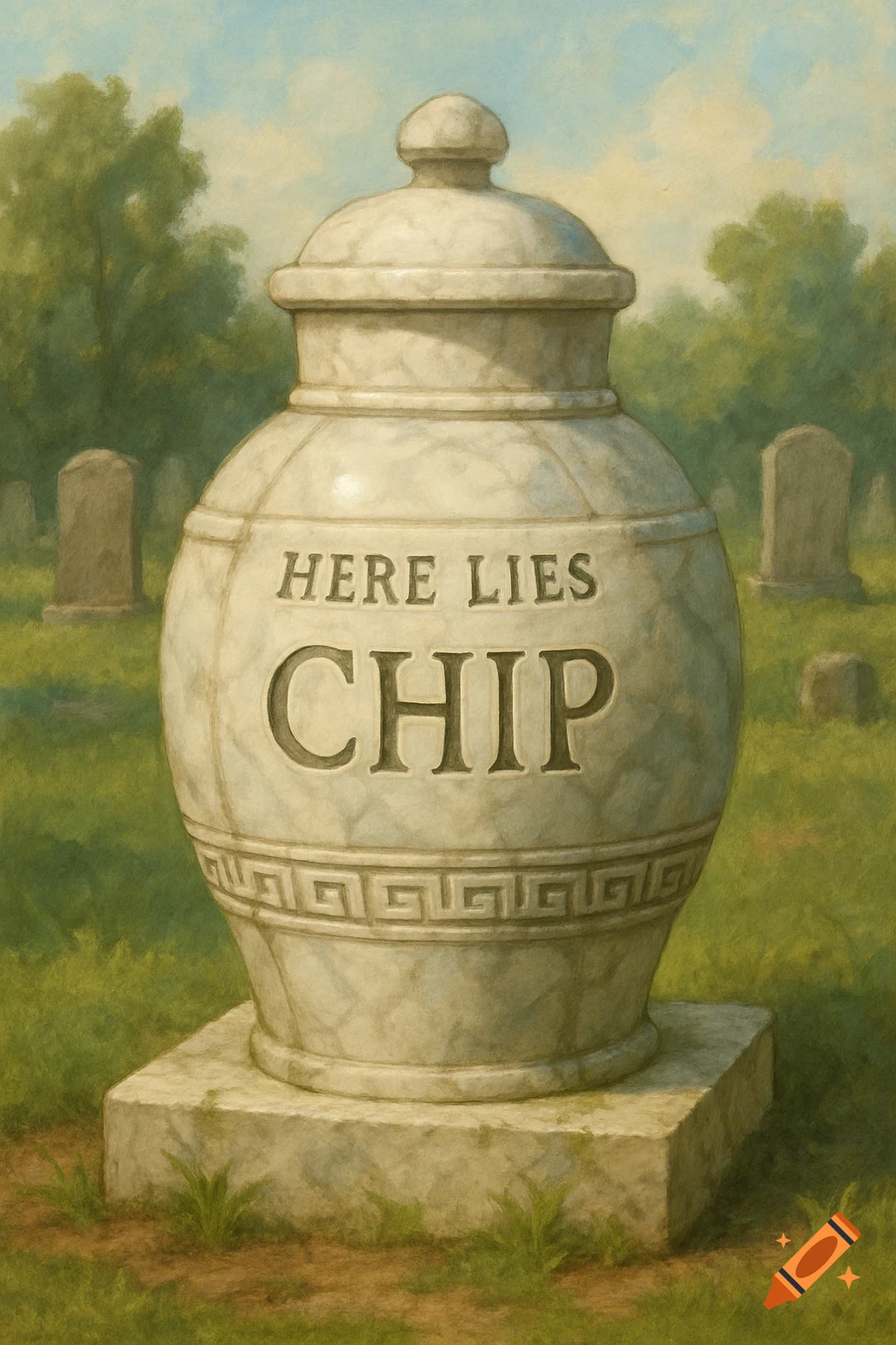 A detailed painted image of a marble headstone shaped like an urn, with 'HERE LIES CHIP' engraved on it, standing in a graveyard.