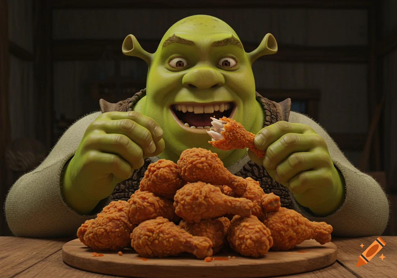 Shrek, green and smiling broadly, happily eats a piece of fried chicken from a large pile on a wooden board, photorealistic.