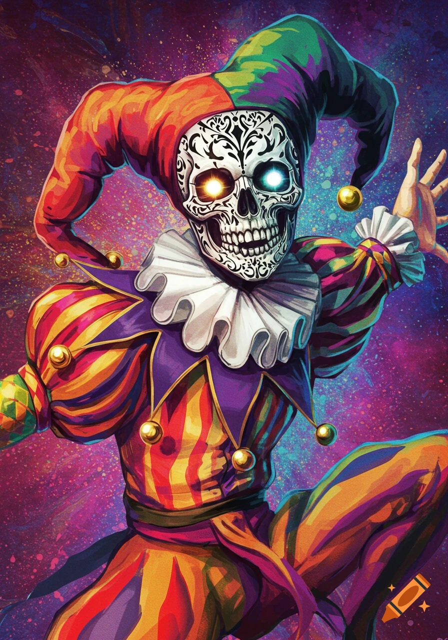 Colorful illustration of a jester with a patterned skull face and glowing eyes, wearing a vibrant harlequin costume.