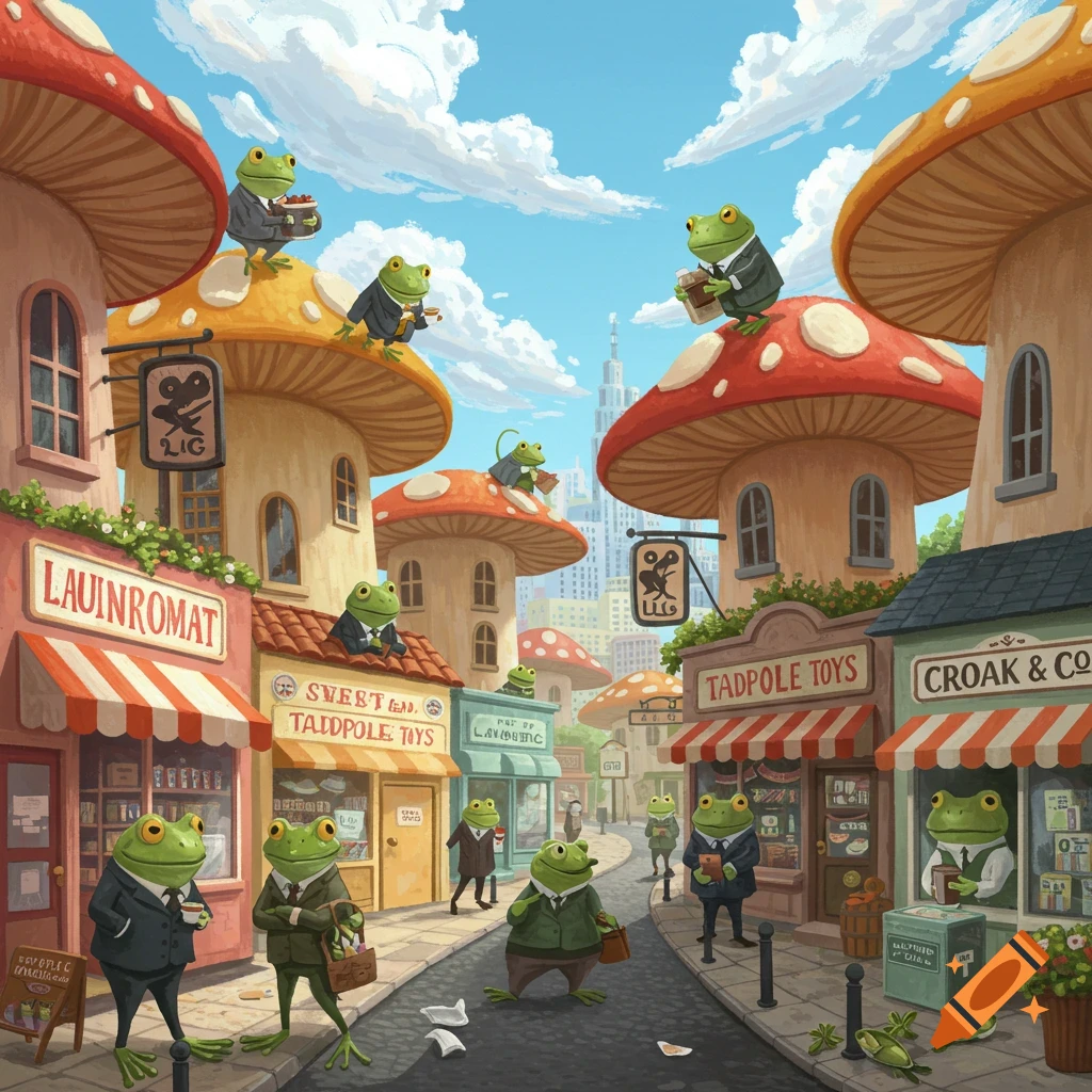 A whimsical illustration of anthropomorphic frogs in suits walking and working in a town with mushroom-shaped buildings under a blue sky.