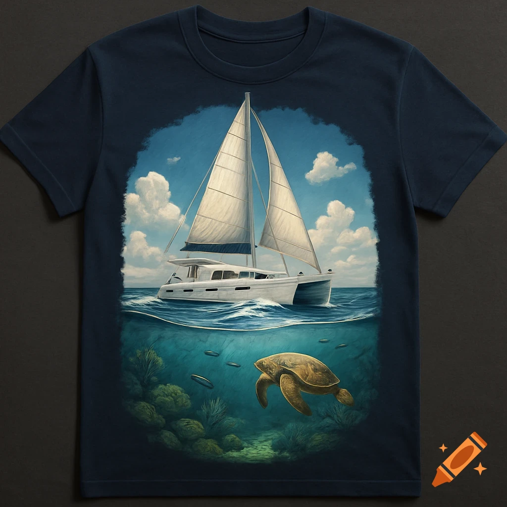 A dark blue t-shirt features a colorful illustration of a white sailing catamaran on the ocean above an underwater scene with a sea turtle and coral.