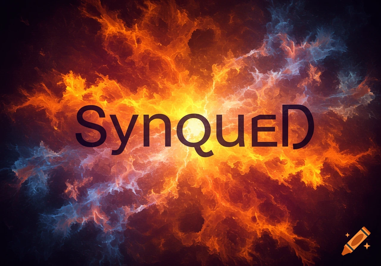 The word 'SynqueD' in dark text against a vibrant, abstract background of orange and blue fire and energy.