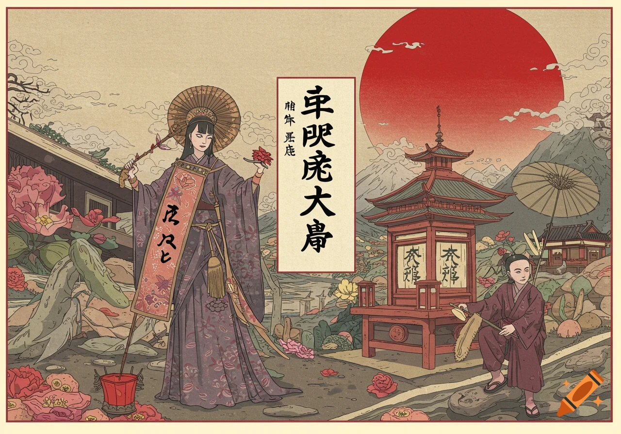 A colorful illustration in traditional Japanese Ukiyo-e style shows a woman with a parasol and banner beside a large lantern, a small figure, and a red sun against mountains.