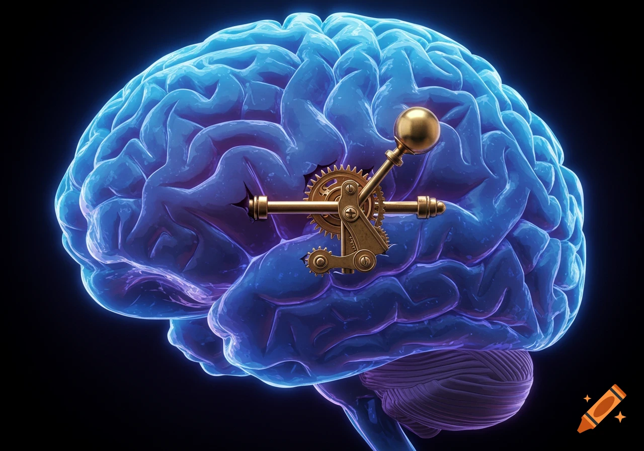 A detailed, glowing blue human brain with a brass mechanical lever and gears embedded in its side.