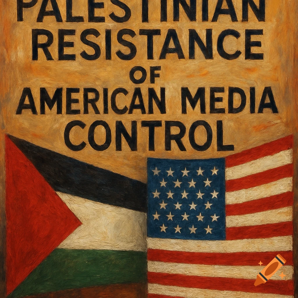 Poster art depicting Palestinian and American flags with the text 'Palestinian Resistance of American Media Control'.