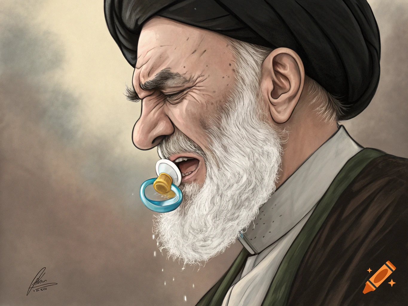 Caricature of an elderly man with a white beard and black turban, wearing a brown and white robe, crying with a pacifier in his mouth.