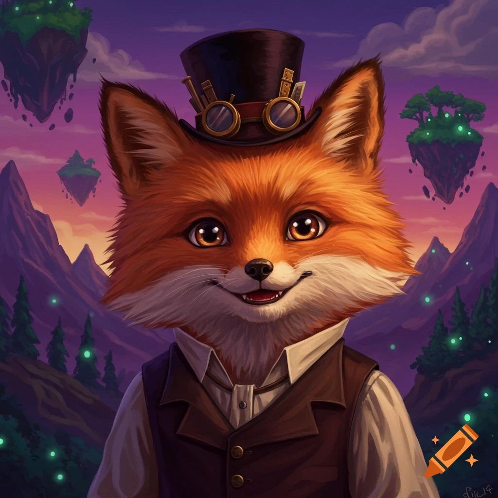 An anthropomorphic fox wearing a top hat and goggles smiles in a fantasy landscape with floating islands and purple mountains.