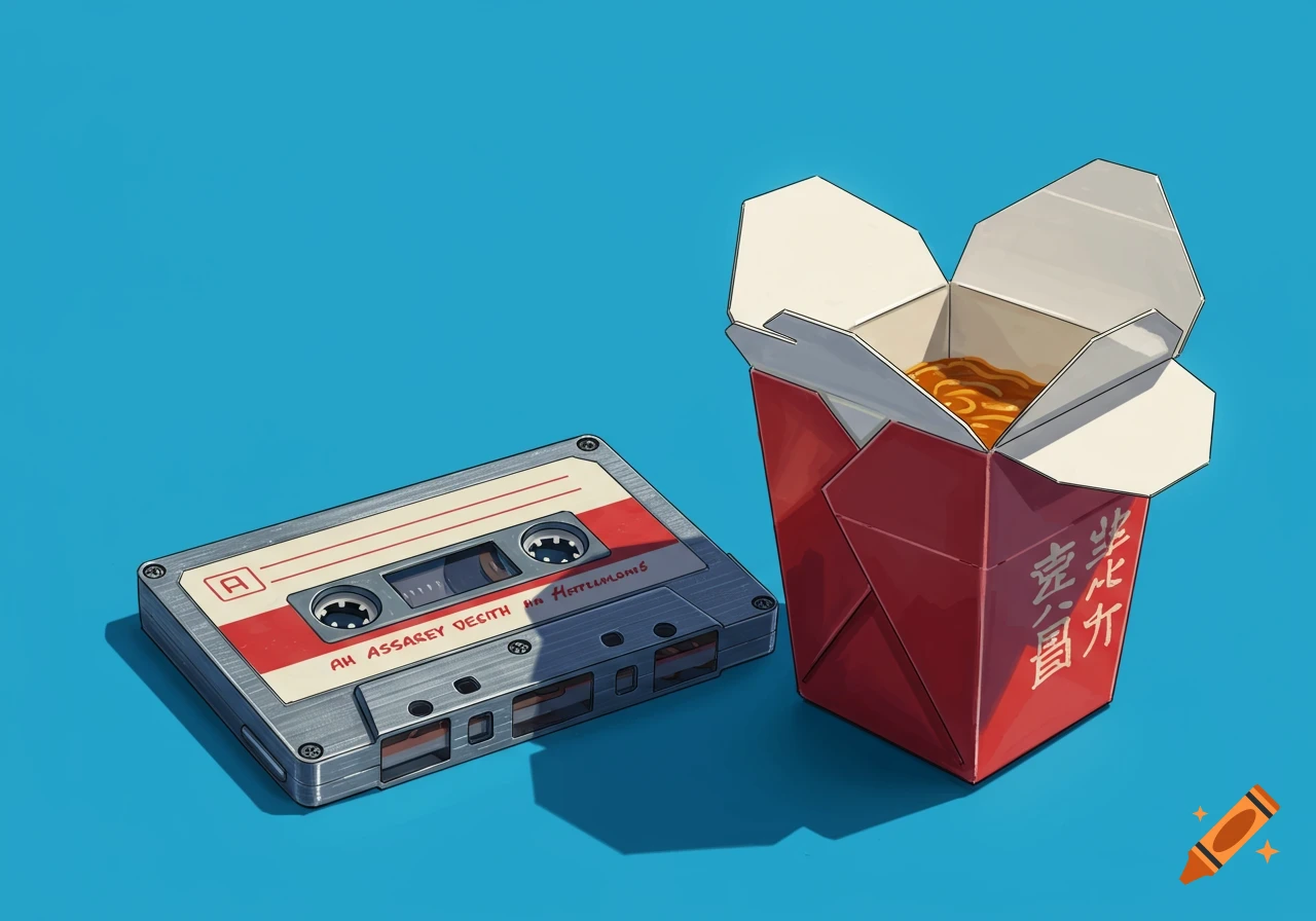 A stylized illustration of a cassette tape next to an open Chinese takeout box with noodles on a blue background.