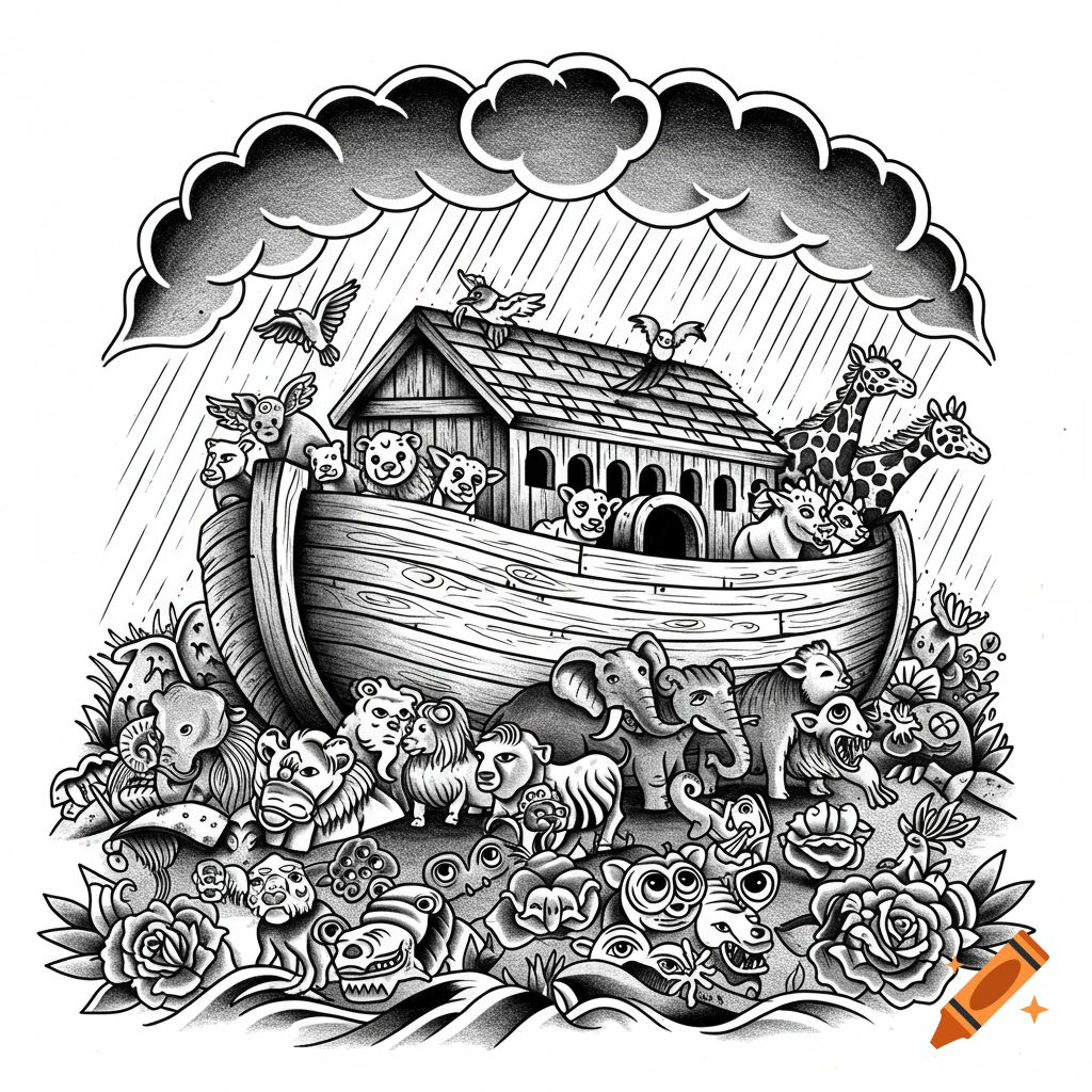 Black and white American traditional tattoo of Noah's Ark filled with various animals under a stormy sky with rain.