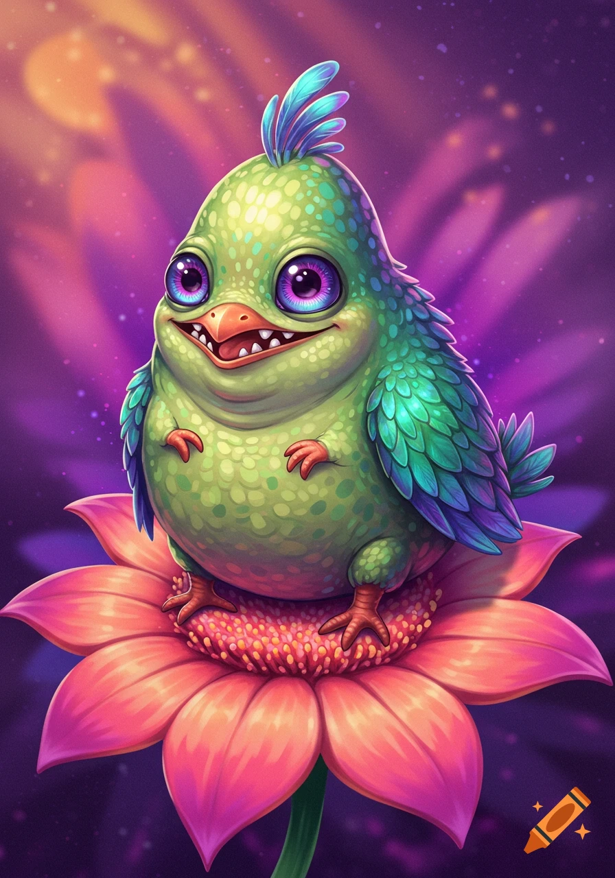 A vibrant green cartoon fantasy bird with large purple eyes and teal feathers sits on a pink flower.