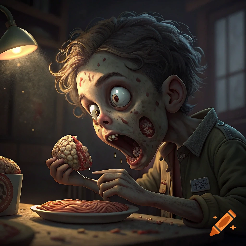 A wide-eyed cartoon zombie child with skin lesions eats a brain at a table with a plate of worms.