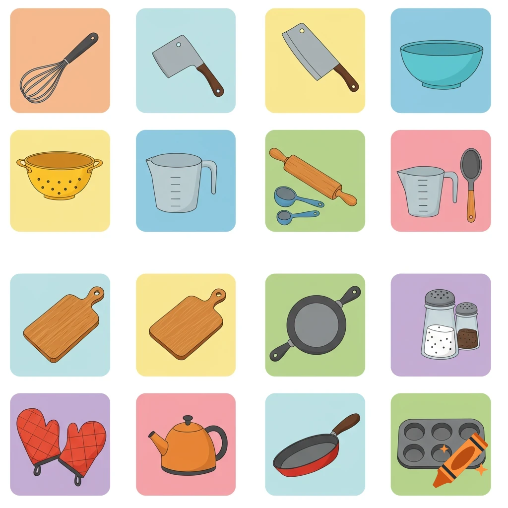 A grid of sixteen colorful clipart illustrations of common kitchen items, including a whisk, cleavers, measuring cups, a colander, and a rolling pin.