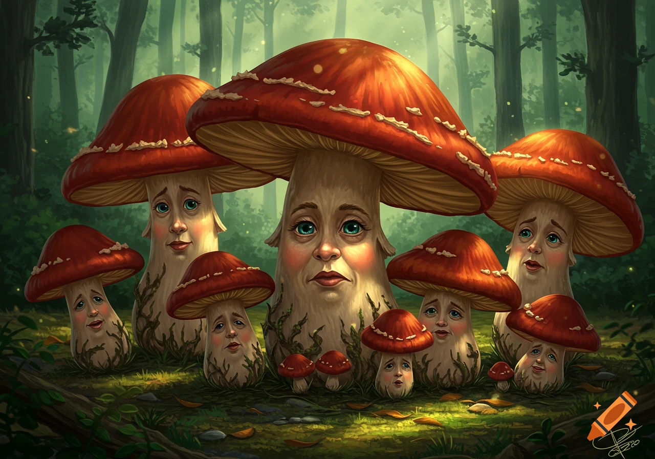 Mushrooms with human-like faces stand in a mystical forest with detailed lighting.
