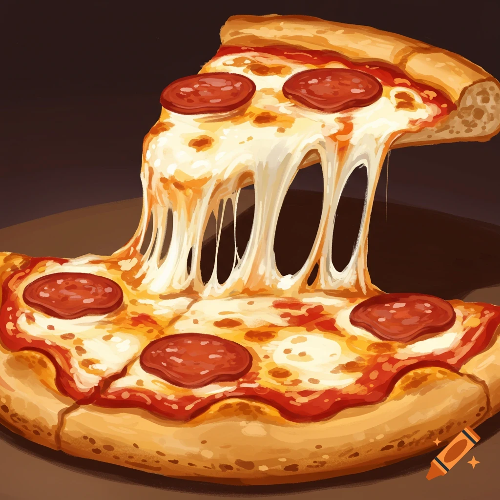A close-up illustration of a pizza with a slice being lifted, showing melted cheese pulling away and pepperoni toppings.