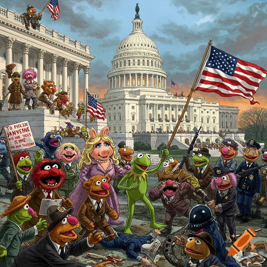 Muppet characters are depicted in a chaotic protest scene outside the US Capitol building, with some in official uniforms, referencing the January 6th riot.