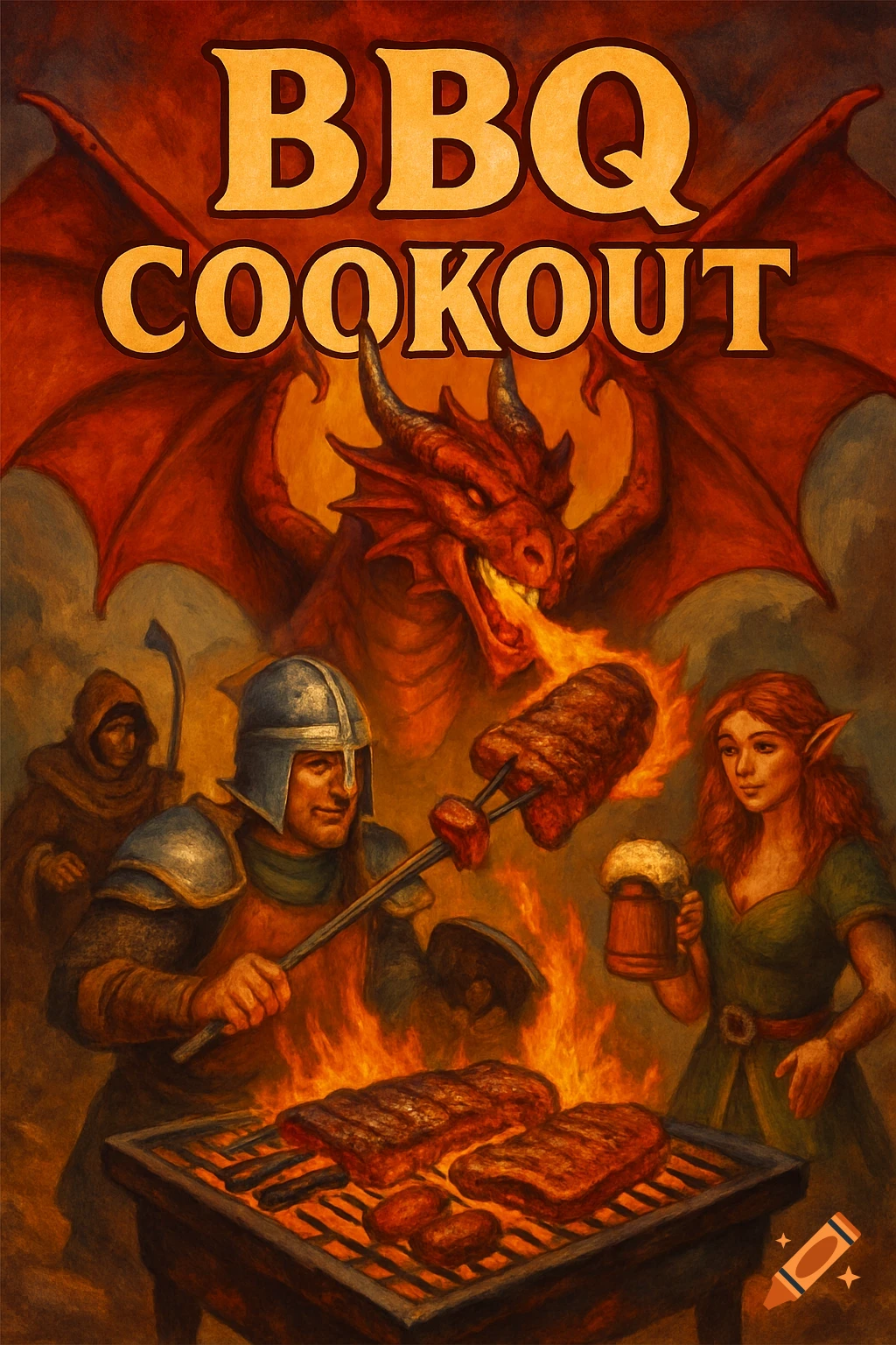 A painted fantasy poster depicting a dragon, knight, and elf at a BBQ grill, with 'BBQ COOKOUT' text.