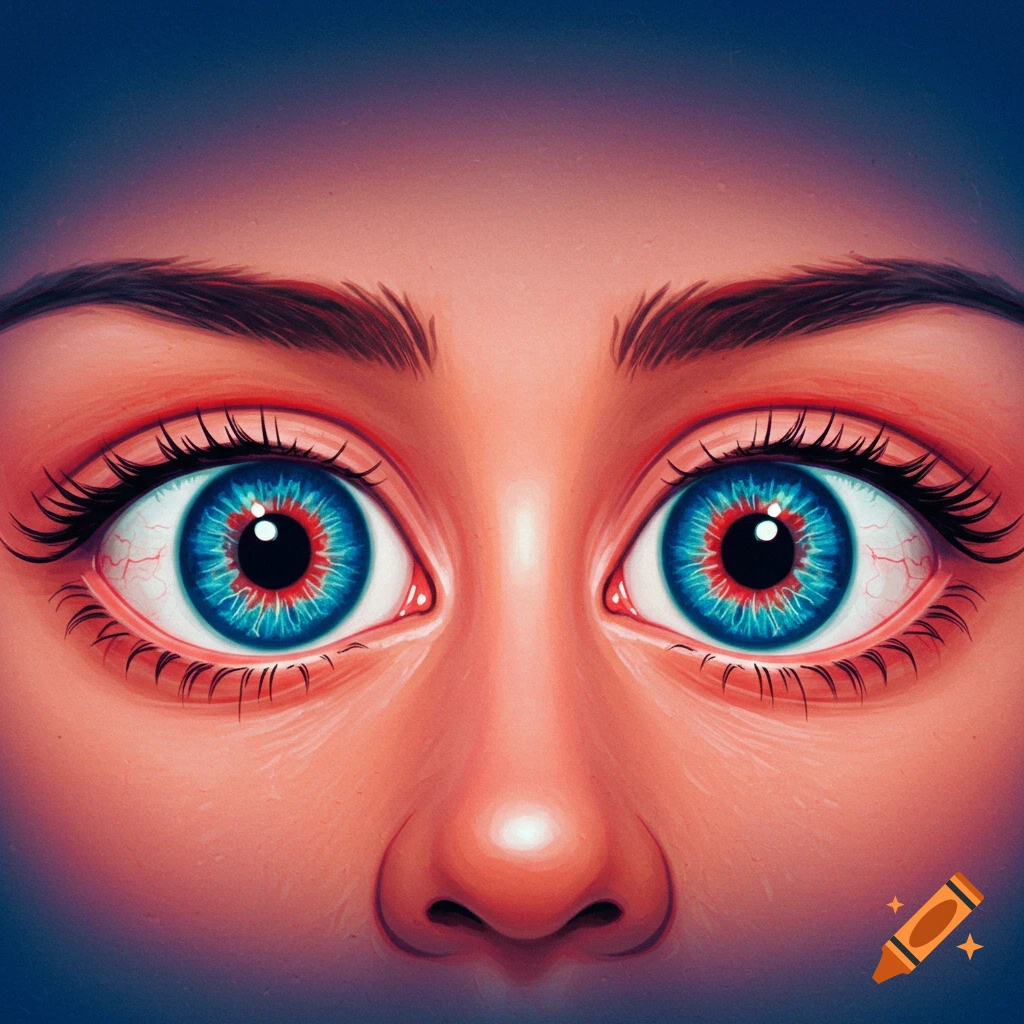 A close-up of wide, stylized blue eyes with prominent red veins and a nose.