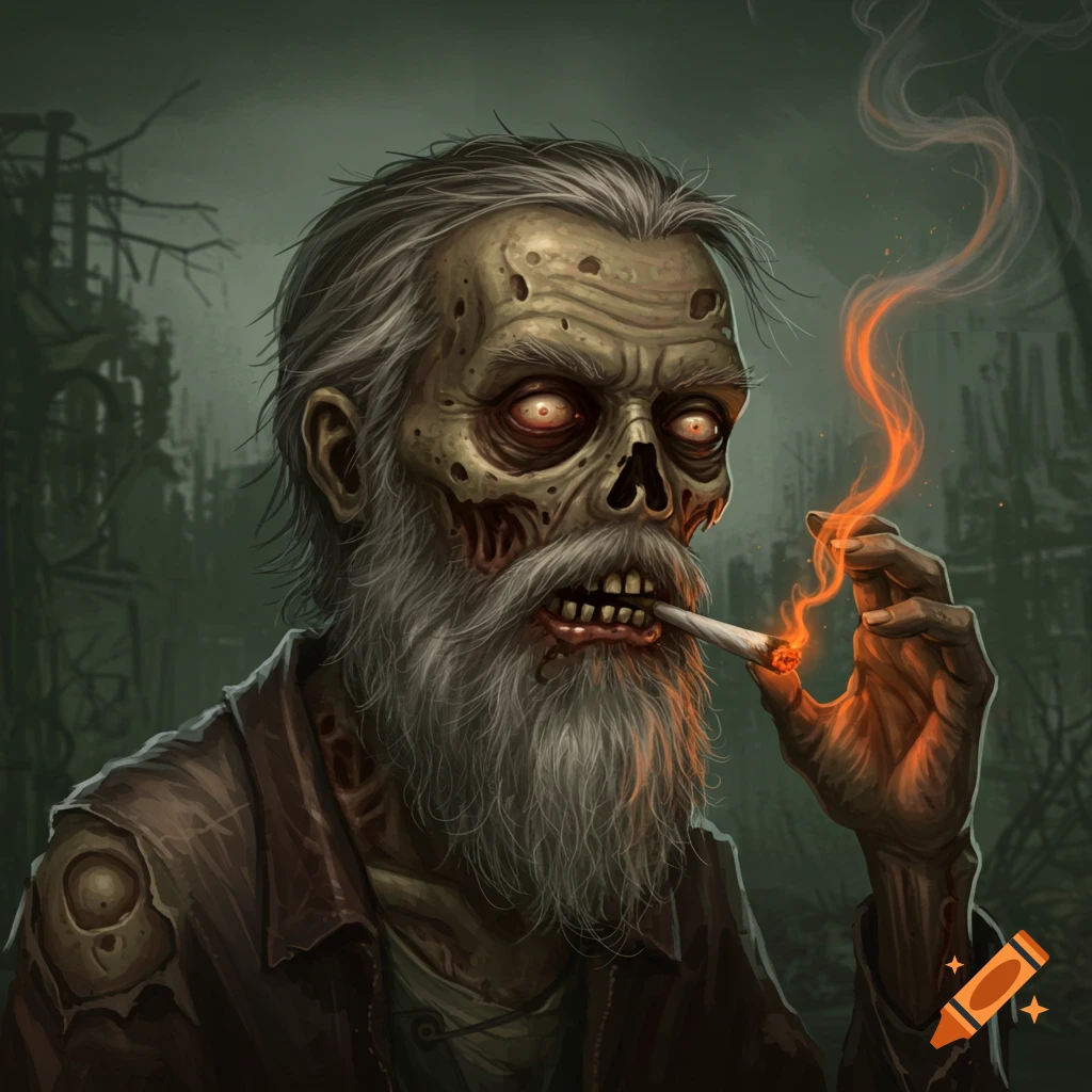 A stylized illustration of a zombie man with a grey beard and glowing red eyes, smoking a lit cigarette in a desolate setting.