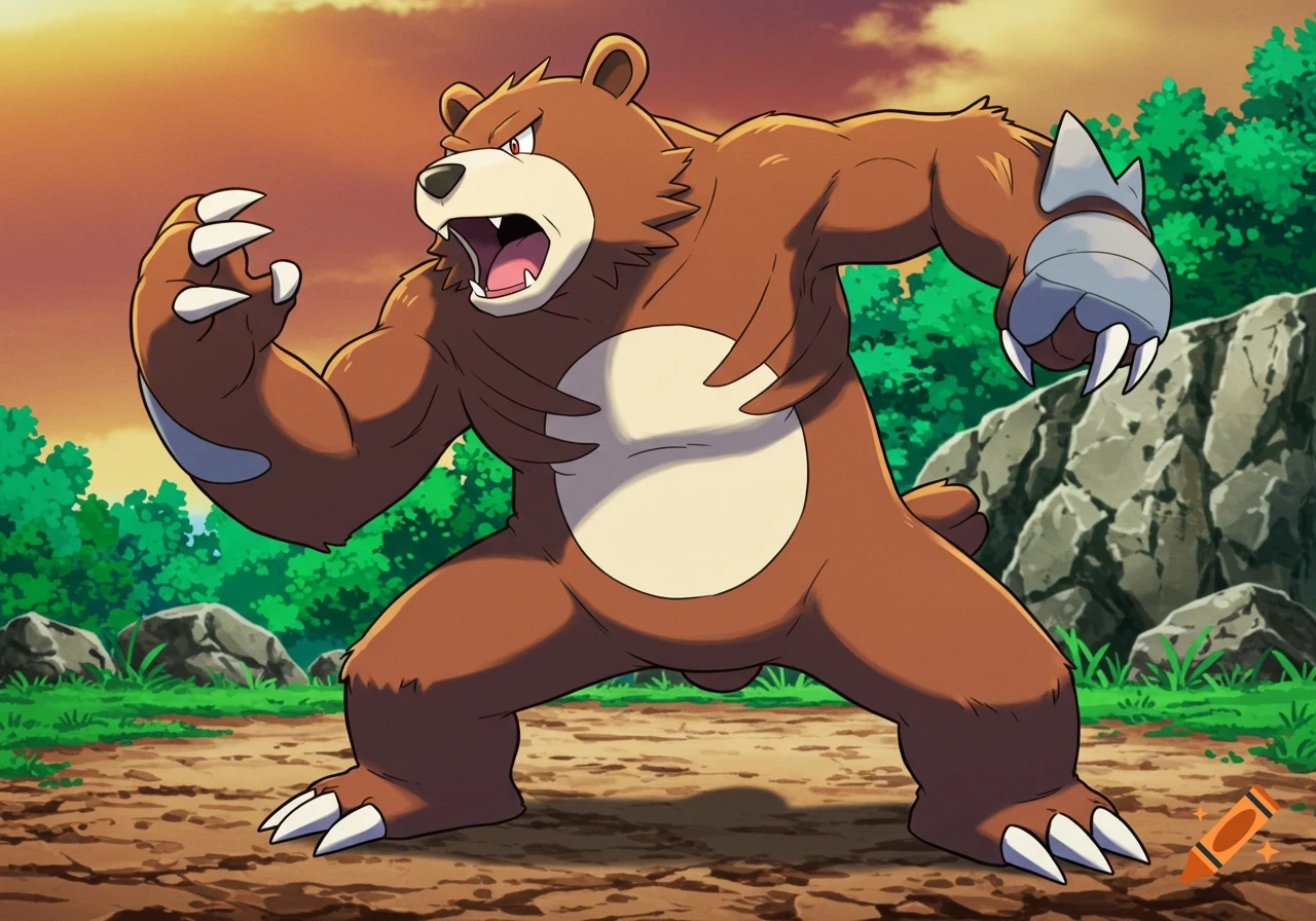 A muscular, brown bear-like Pokémon stands aggressively with claws extended in a cartoon style, set against a natural outdoor background.