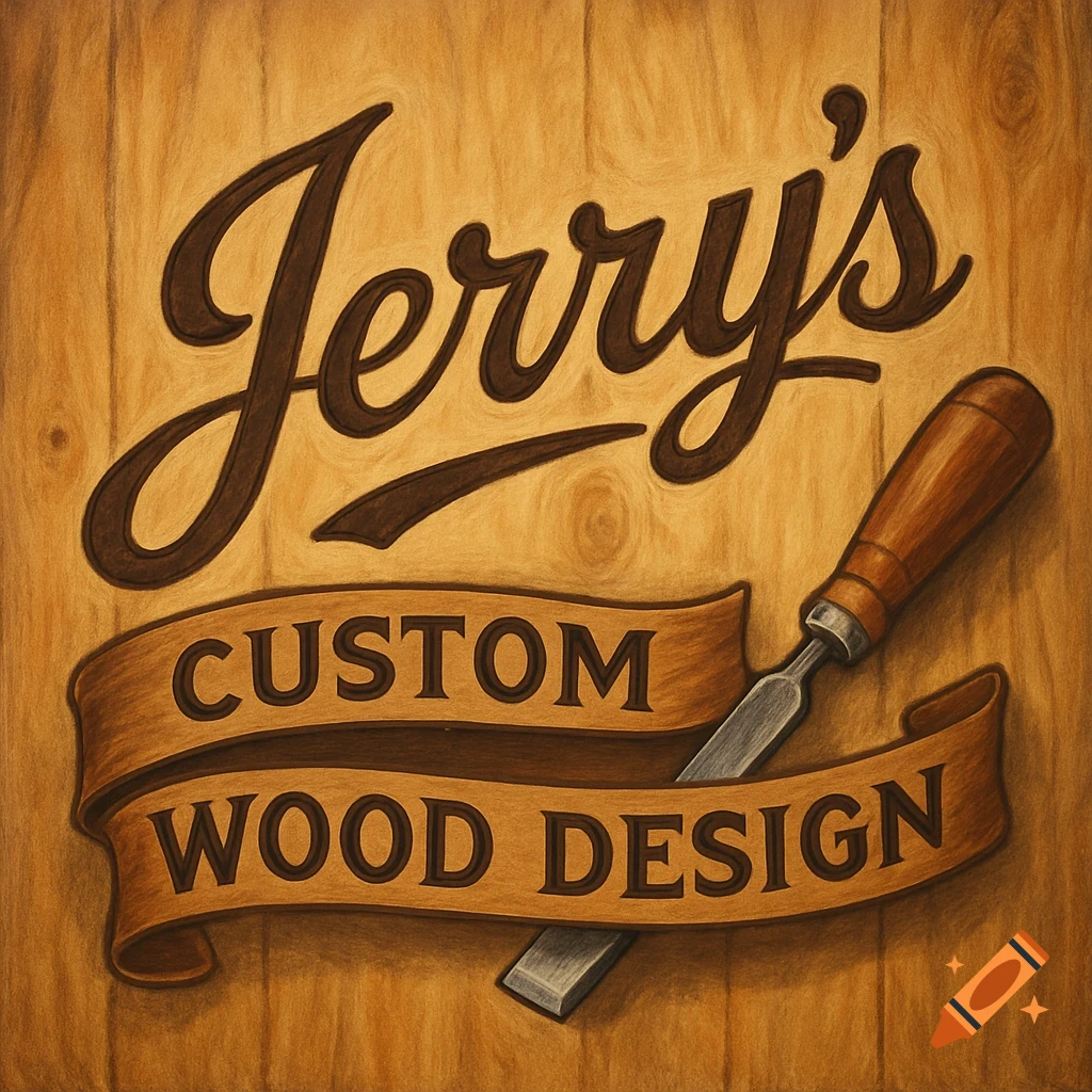 A brown and cream wood-textured logo featuring the name Jerry's and the phrase Custom Wood Design, with a wood chisel.