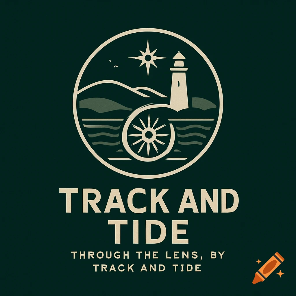 A green and cream logo featuring a circular emblem with a lighthouse, compass rose, spoked wheel, hills, and waves, with text "TRACK AND TIDE" and "THROUGH THE LENS, BY TRACK AND TIDE" below.