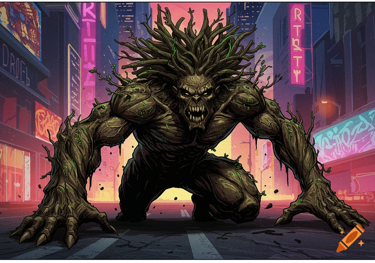 A monstrous creature made of roots and vines with glowing yellow eyes ...